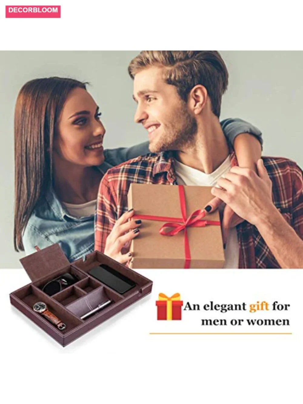 Leather Valet Tray with 6 Compartments for Men's Nightstand Organizer